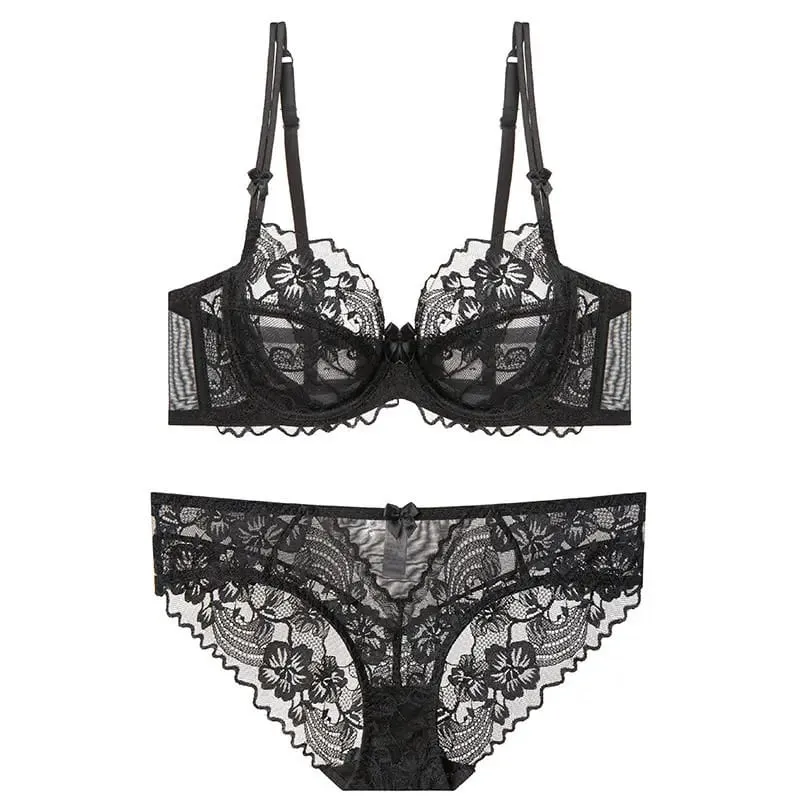 Everyday Lace Lingerie Ultra-thin Breathable Upper Support Anti-sag No Sponge Transparent Bra Set ladies Basic Underwear S-XL
