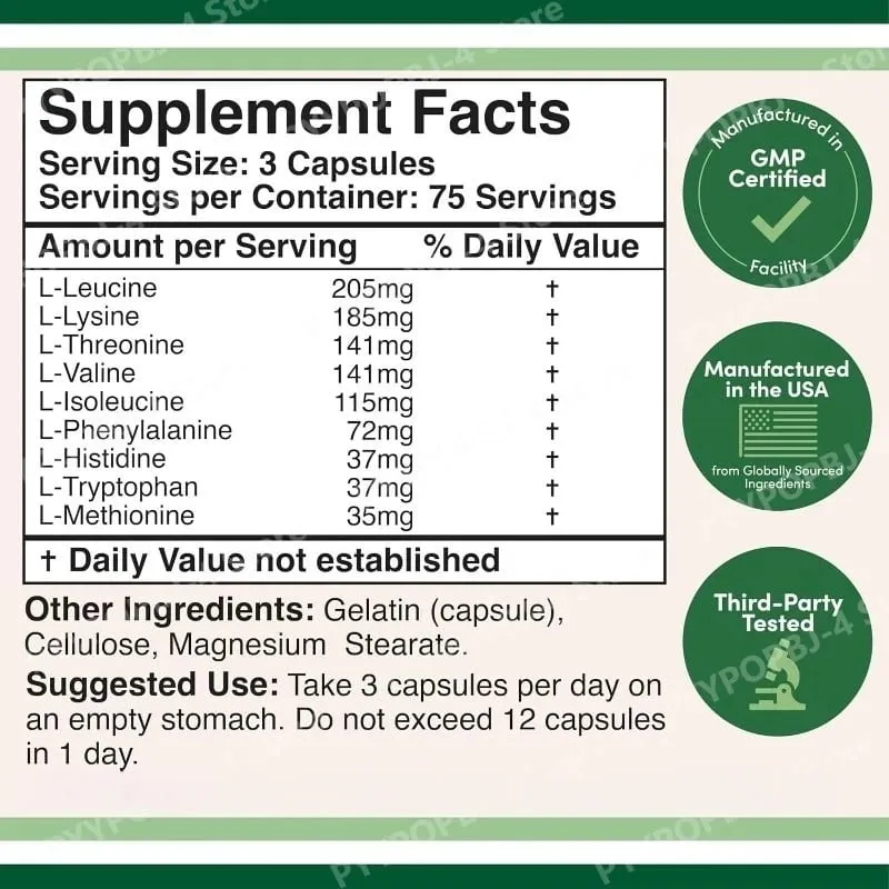 Essential Amino Acids 225 Capsules – All 9 Essential Aminos for Muscle Support & Nutrient Absorption