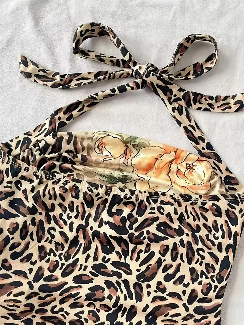 Cropped Top Women's Summer Vacation Women's Half Neck Leopard Print Colorful Flower Top