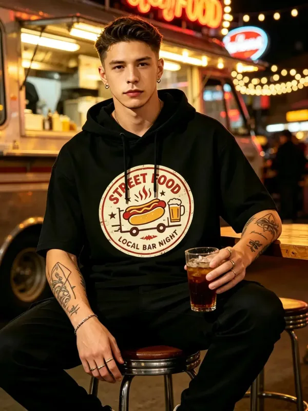 Street Food Local Bar Night Graphic Short Sleeve Hoodie Men Retro Vintage Sleeveless Hooded Tee