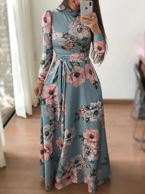Women's Slim Dresses Casual Long Sleeve Round Neck Flower Printed Dress Strap Floor-Length Long Skirt Women's Clothing