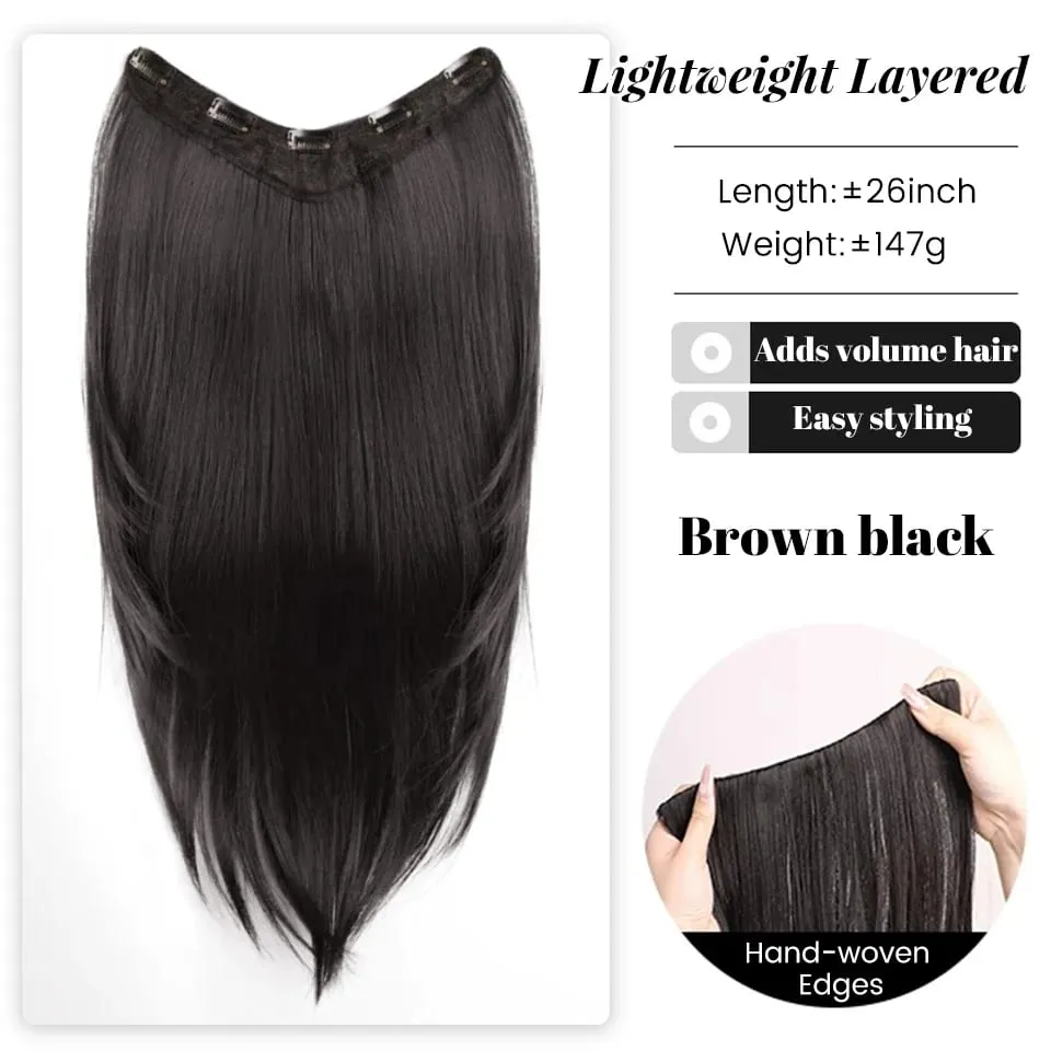 26Inch Synthetic Long Straight Layered V-Shaped Clip-in Hair Extension 4 Clip Heat Resistant Hairpiece for Women Daily Party