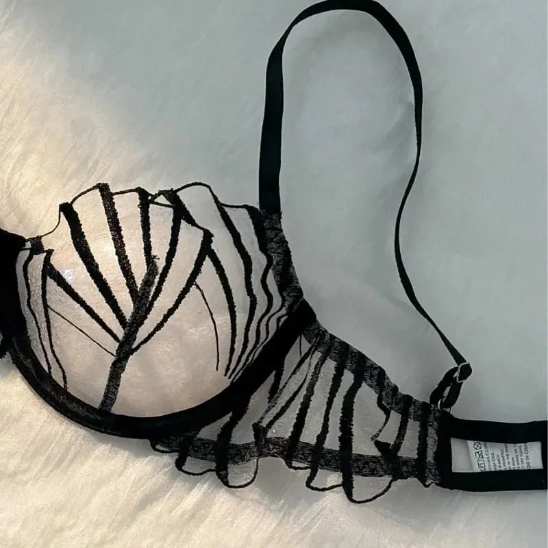 2pcs Women's Bra Set Sexy Lace Mesh Lingerie Set Ultra Thin Breathable Comfortable Lightweight Scallop Transparent Lingerie