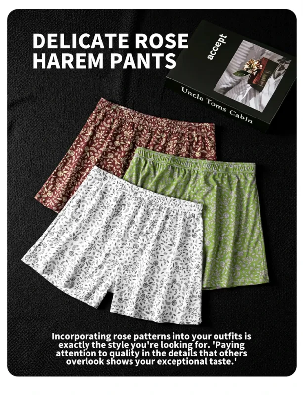 MiiOW 3Pcs Cotton Men Underwear Boxershorts Breathable Rose Print Man Underpants Skin-friendly Large Size Men's Shorts Panties