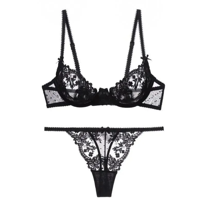 French Sexy Bra & Brief Set Lingerie Ultra-Thin See-Through Sexy Floral Lace Underwire Set Large Breasts Show Small Anti-Sag Bra