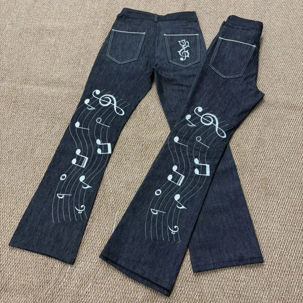 Note Rose Embroidered Original Color Jeans Unisex 1021M Version Slightly Flared HighStreet Wear Straight Jeans Stacked Pants Men