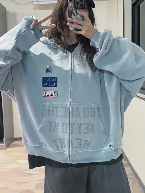 Light Blue PALY Letter Crystal Hoodie Ripped Washed Fashion Patch High Street Casual Men Women 1:1 Zipper Sweatshirts