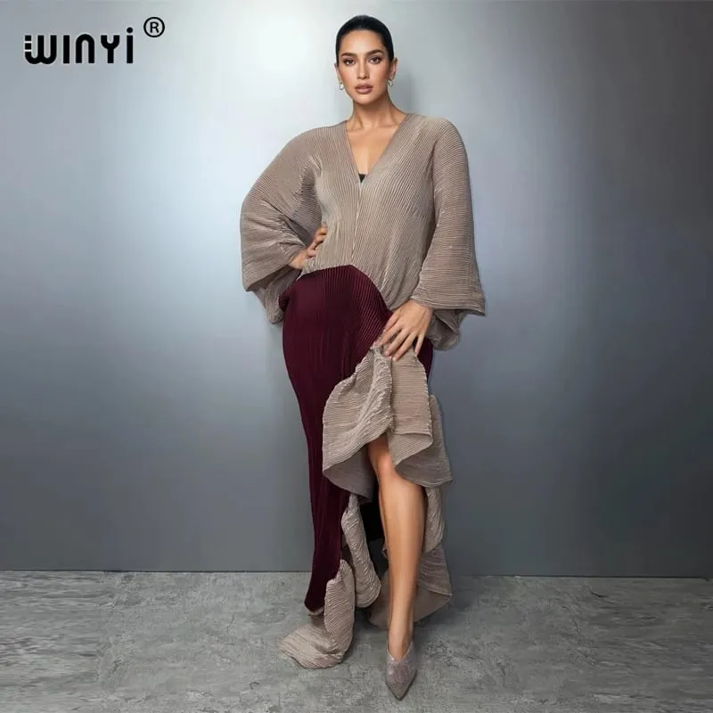 New Pleated Slim High-Fork Dress for Women Fashion Beach Cover-Up Muslim Kaftan Abaya Dubai Luxury Long Evening Gown