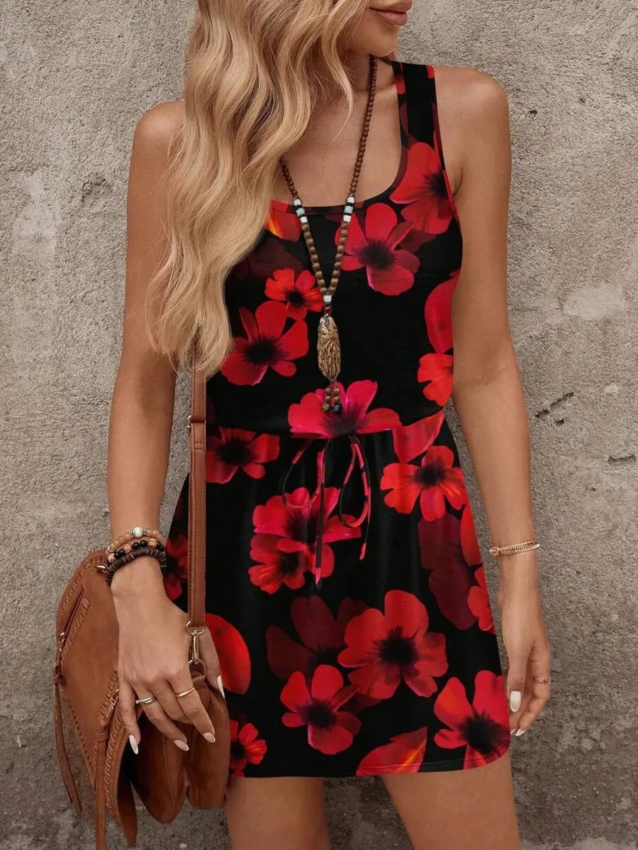 Women's Sleeveless Printed Casual Round-Neck Dress - Faux Drawstring Waist - Suitable for Daily Wear Vacation and Date Outfits