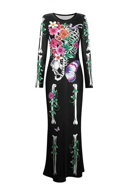 Nadanbao Women Floral Skull Print Dress Gothic Black Long Sleeve Dresses Sexy Slim Party Dress Day of the Dead Cosplay Costumes