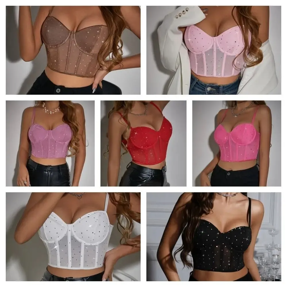 Fashion Black Mesh Crop Top Crystal Hollow Out Sexy Tank Top Camisole Sleeveless Women Short T-shirt Girls