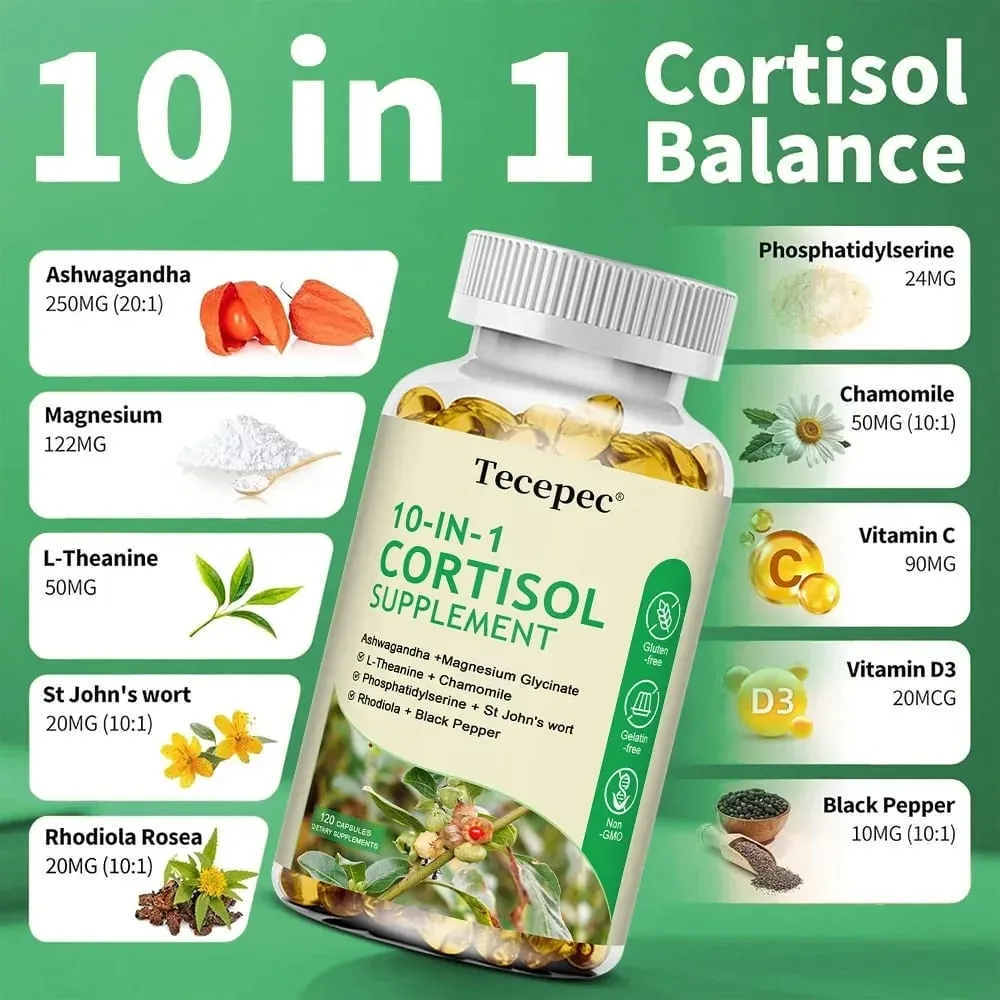 Cortisol Health – Stress Relief Balanced Cortisol Response Relaxation & Deep Sleep – Ashwagandha，L-Theanine – Non-GMO