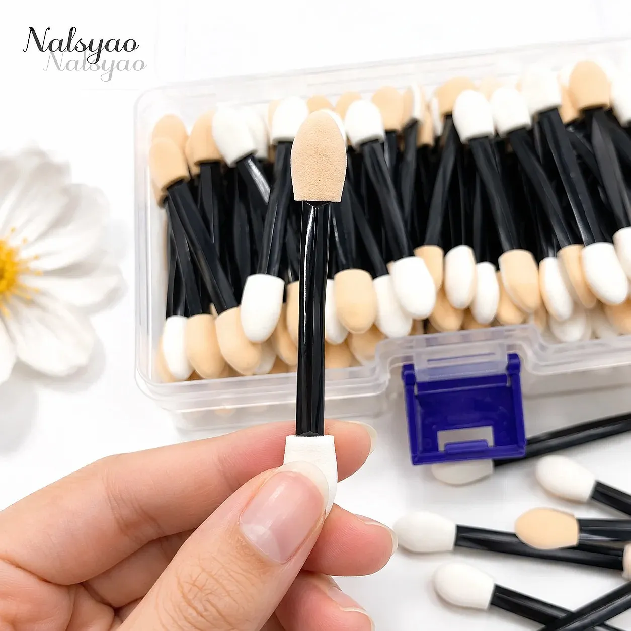 50/100/200PCS Εφαρμογές σκιάς ματιών με σφουγγαράκι διπλής όψης με δοχείο – Εργαλείο βουρτσών μακιγιάζ μιας χρήσης με μακριά λαβή — image 2