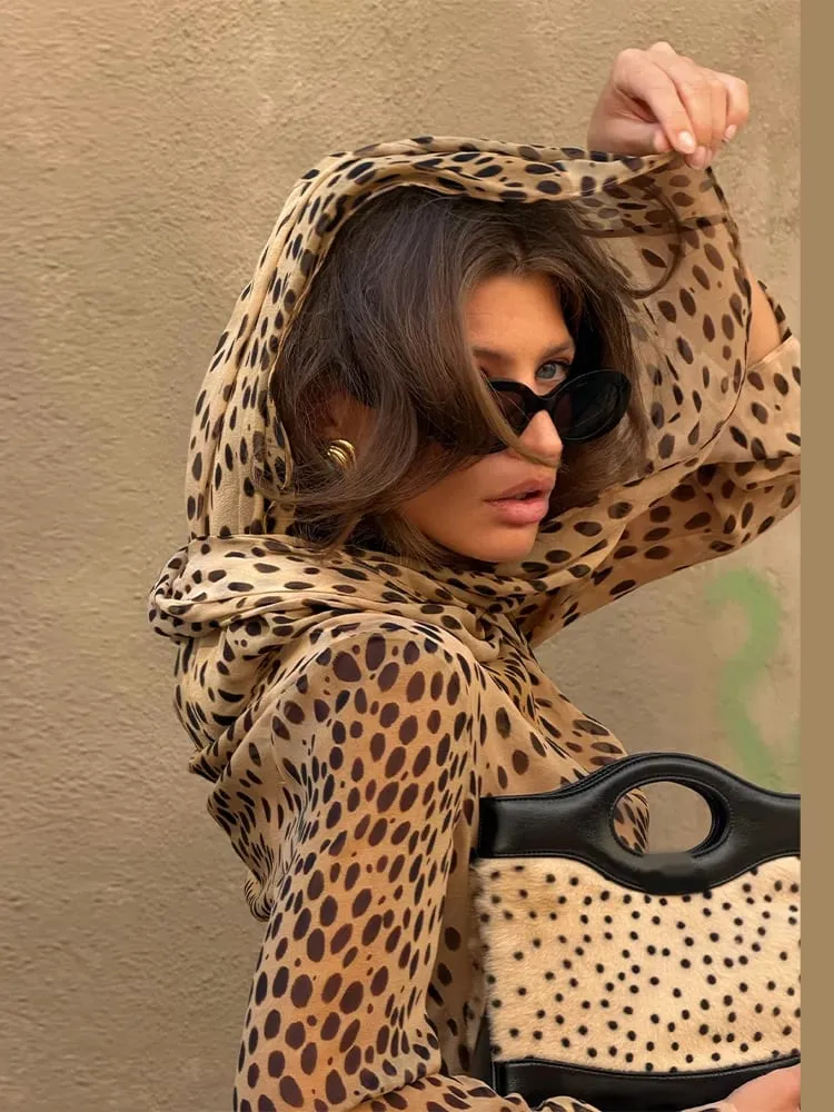 Sexy Leopard Printed Women Dress Long Sleeve See Through Hanging Neck Ribbon Lady Dresses 2026 Summer Autumn Chic Female Robe