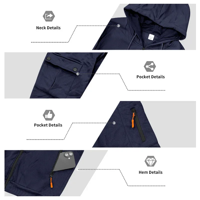 Men's Heavyweight Full Zip Hoodie Autumn Winter Casual Outdoor Hooded Sweatshirt Multi‑Pocket Drawstring Loose Fit Sports Jacket