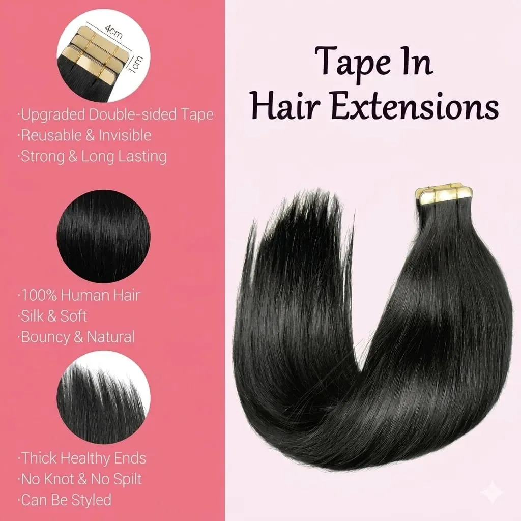 100% Human Hair Tape In Extensions 20 Inch Invisible Seamless PU Skin Weft No Weft Raw Hair Extensions Natural Black Color Adhesive Tape Ins Hair Extension For Women — image 4