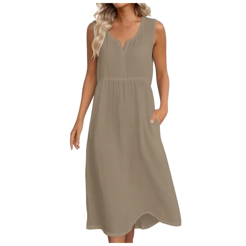 Womens Cotton Linen Midi Dresses Sleeveless Loose Comfy Beach Dress With Pockets Solid Color Casual Holiday Party Sundress