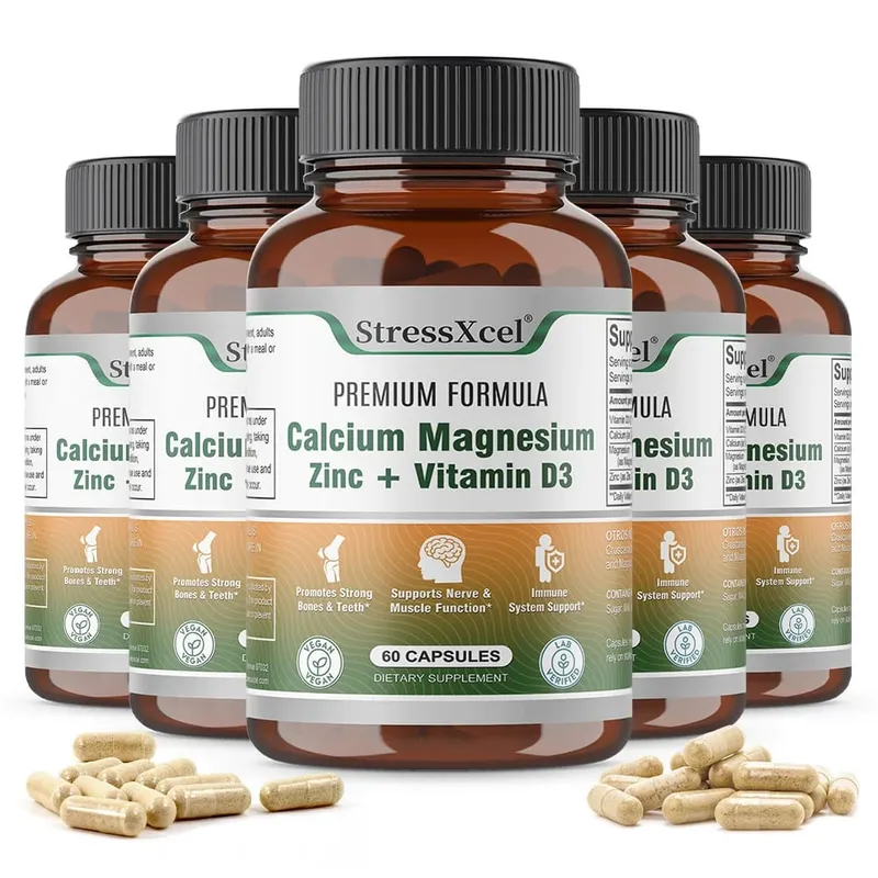 Calcium + Magnesium + Zinc + Vitamin D3 Capsules - Supports Bone and Nervous System Health and Improves Mood
