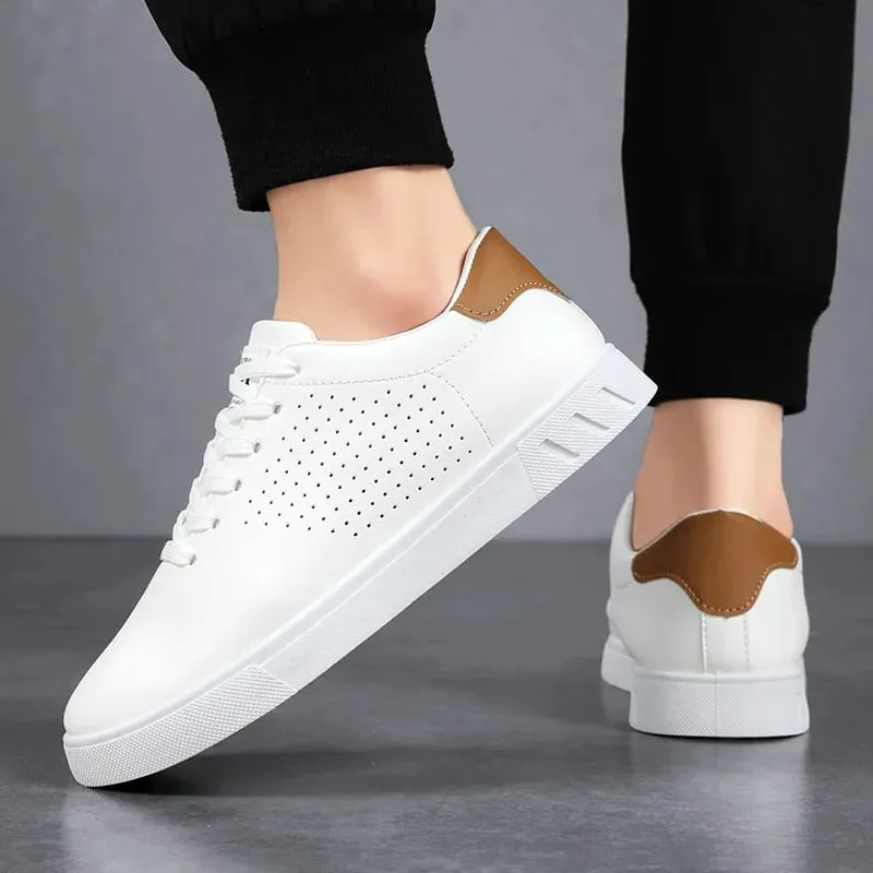 Men's Classic White Sneakers Casual Leather Lace-Up Shoes Breathable Perforated Lightweight Walking Shoes for Male