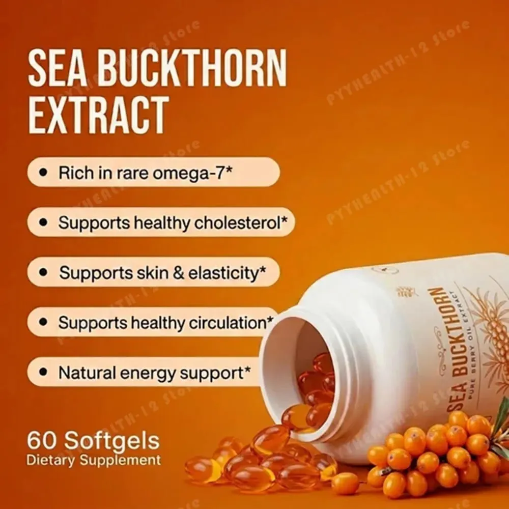 Sea Buckthorn Oil 1000mg Omega-7 Softgels Supports Healthy Cholesterol Skin Elasticity Circulation Antioxidant 60 Capsules