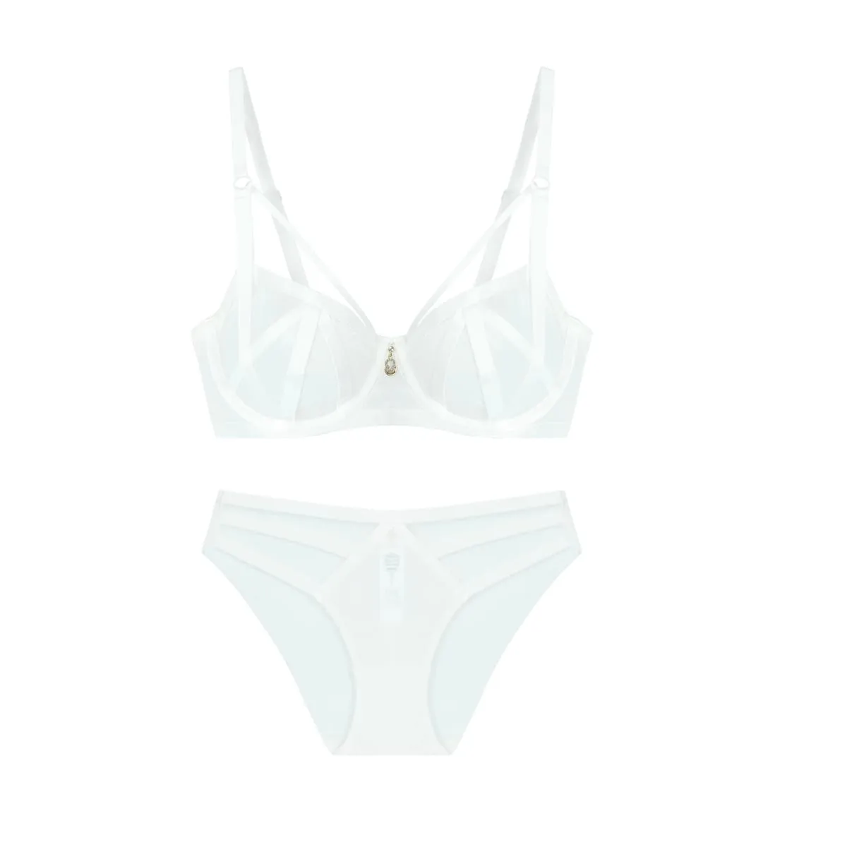 Women Strappy Mesh Lingerie Set Underwire Bra Panty Set Metal Pendant Sheer Intimate Underwear For Women Daily Nightwear