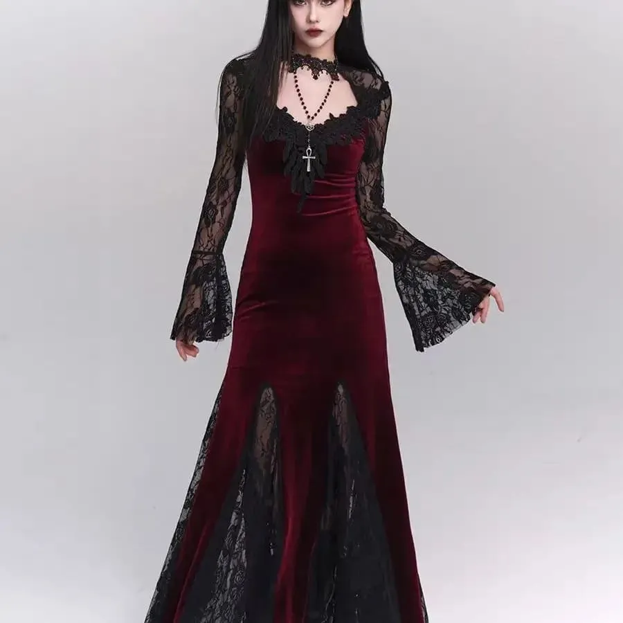 Vinter Gotisk Grunge Spetsklänning Koreansk Modedesign Festival Lång Balklänning Kvinnor Halloween Kostym Sexiga Slimma Festklänningar