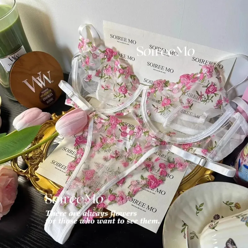 French Sheer Floral Lingerie Set Ultra Thin Sexy See Through Bralette with Soft Underwire & Women Large Bust Support S-XL MOYISU