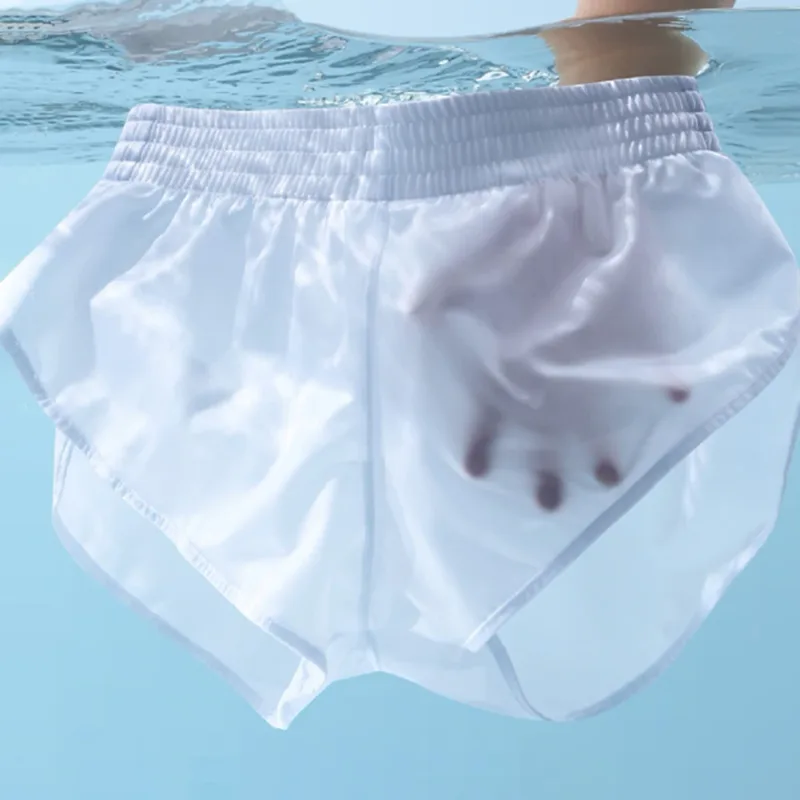 Men Satin Glossy Arrow Pants Split Side Boxer Shorts Sexy Underwear Loungewear Inner Jockstrap Mesh Pouch Sleep Bottoms