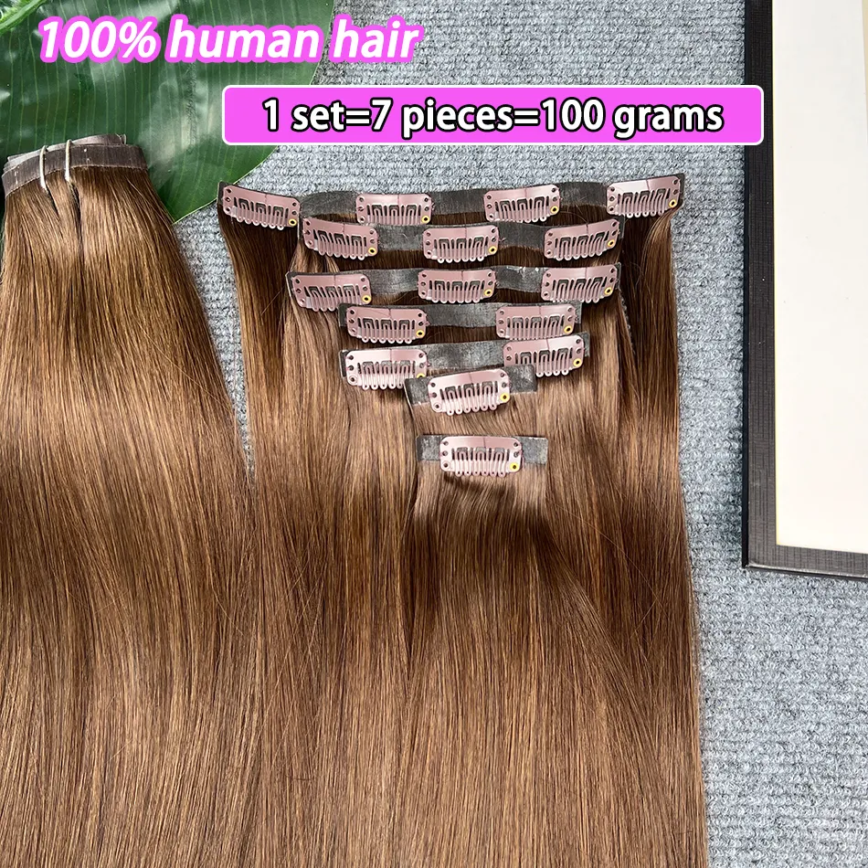 #2 Färg Rak Clip ins Human Hair Extensions 100 Gram 7 Styck/Set Seamless PU Weft Clips i vietnamesiska 100% Raw Virgin Hair