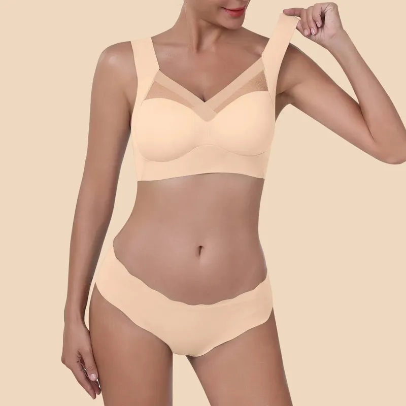 Women Seamless Underwear Set Wireless Ice Silk Thin Back Beauty T Shirt Bra And Smooth Panty Set Solid Color Lingerie Suits