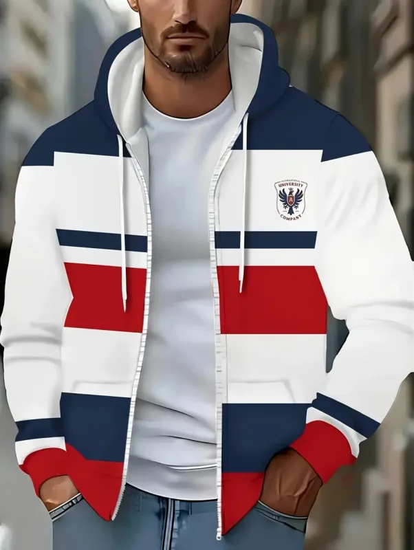 Hoodies for Man Striped Print Full Zip Sweatshirt Outdoor Wear Man Hoodie Fashion Casual Loose Sports Tops Pullover Man Clothing