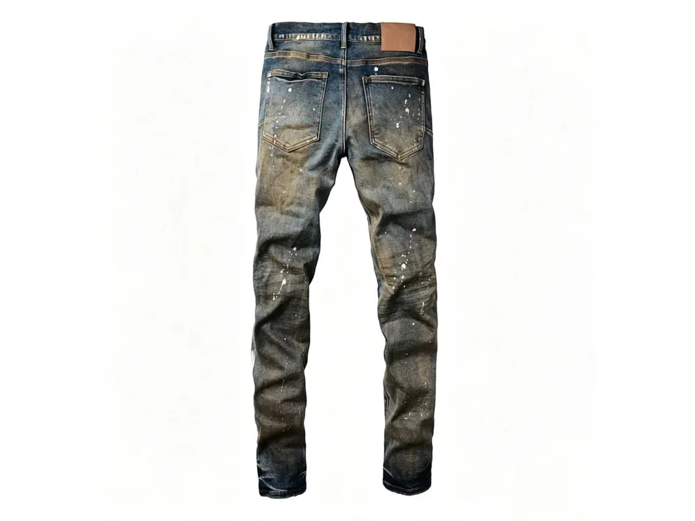 Men's Multiple Ripped Slim Tapered Jeans Vintage Blue Gradient Wash White Paint Splatter Button Fly High Street Style