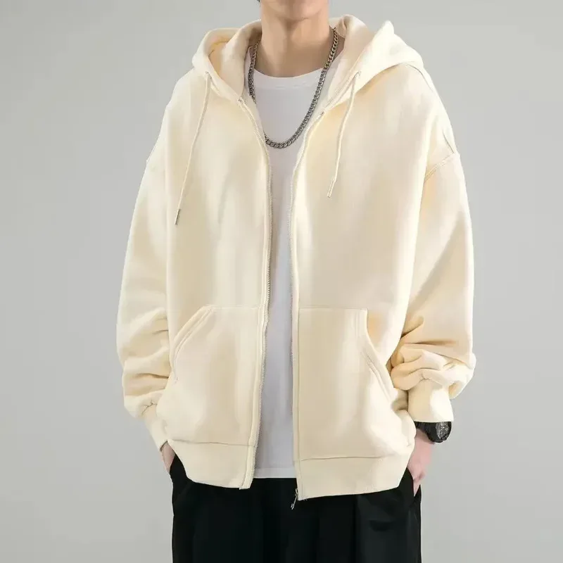 Male Clothes Black Solid Sweatshirt For Men Full Zip Up Hooded Hoodies Winter Young On Sale Offers High Quality Korean Style S