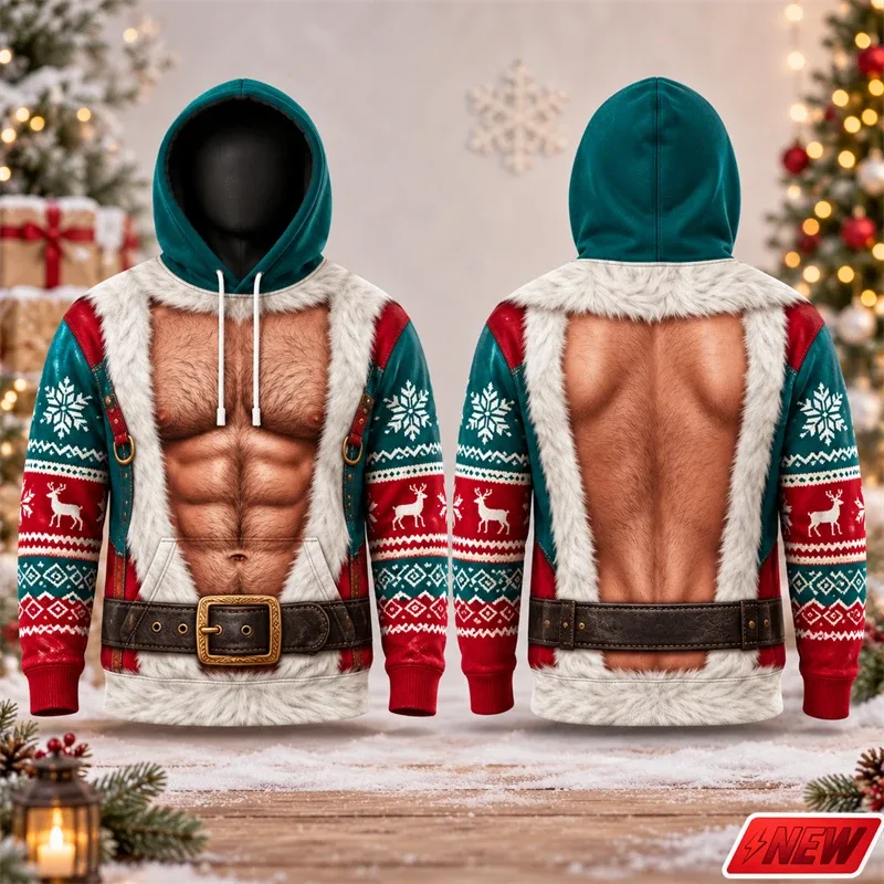Fashion Christmas Party Streetwear Hoodie Men Holiday 3D Print Funny Fake Muscle Santa Suit Reindeer Graphic Festive Sweatshirt — image 8