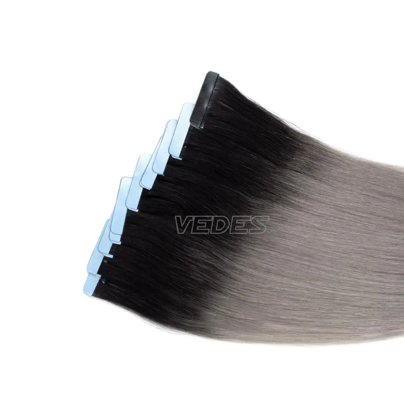 Taśma Ombre w doczepianiu włosów Taśma do włosów ludzkich w doczepach Balayage Off Czarny do srebrnego Mieszanka czarnego kleju w doczepach z ludzkich włosów