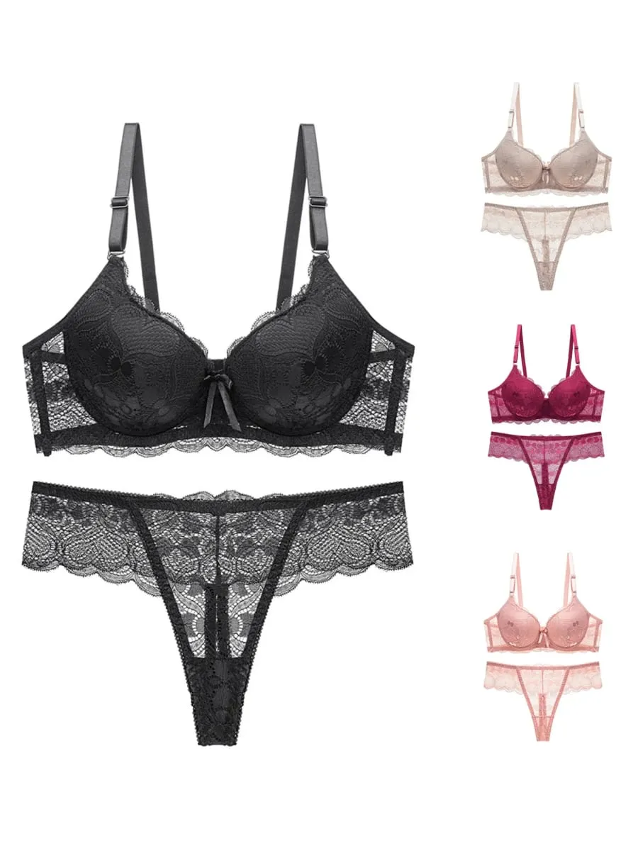 Women s Floral Lace Lingerie Set Sheer Mesh Seductive Babydoll Push up Bra and Panty 2 Pcs Set with Garter Belt