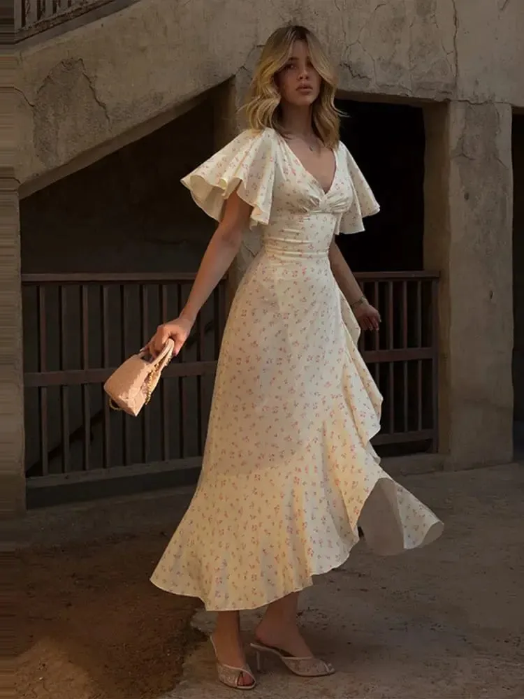 Fashion Printed Women's Dress Short Sleeve V-Neck Ruffle Waist-Closed Side Split Floral Dresses 2026 Summer Elegant Female Robe