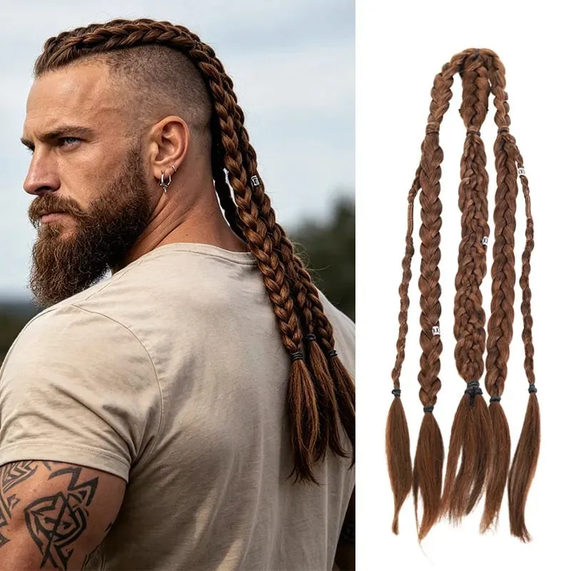 Men Viking Braids Hair Extensions Synthetic Clip In Braided Hair Pieces Cosplay Renaissance Festival Hair Accessories For Men