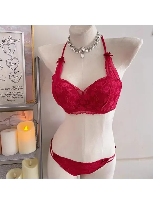 Sweet Halter Neck Bow Lace Wireless Bra Sujetador Push-up Acolchado Señoras Capas Lencería íntima para busto pequeño Tamaño 32-38 ABC