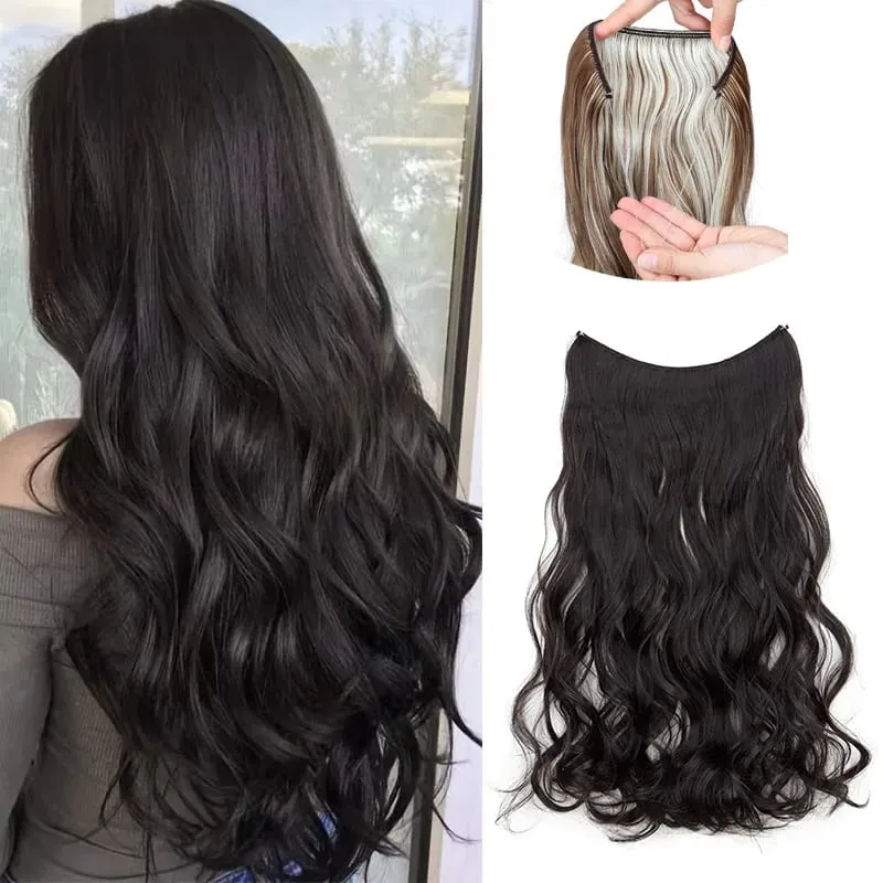 20Inch Synthetic Long Curly Invisible Wire Hair Extensions Headband Heat Resistant No Clips Hairpiece for Women