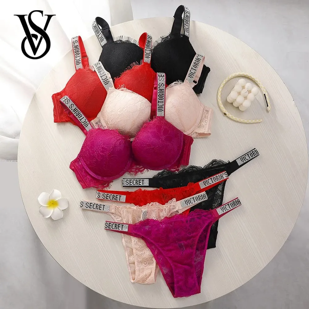 Victoria Secret Sexy Lingerie Set Very Sexy Eyelash Lace Fringe Trim Push Up Bra Shine Script Thong Panty Women — image 1
