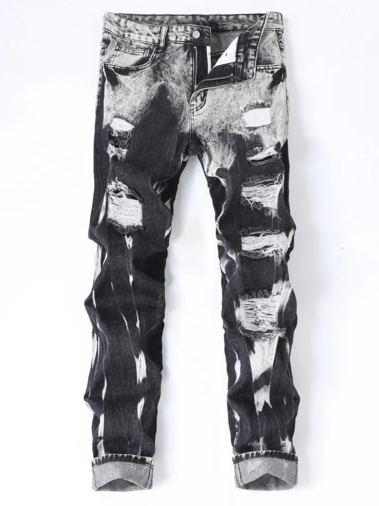New Patchwork Ripped Jeans Men's Slim Fit Moto Biker Fashion Denim Trousers Vintage High Street Black Casual Pants Street Wear