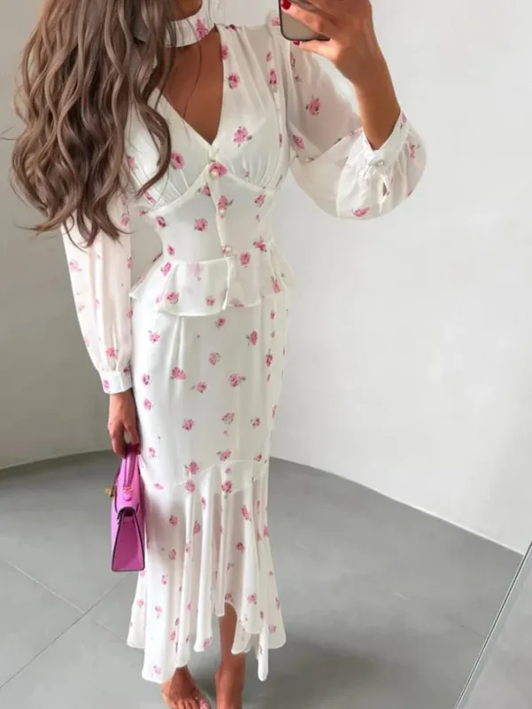 White Pink Floral Choker Neck Dress Women Elegant V-neck 3/4 Sleeves Peplum Ruffle Hem Long Dresses 2026 Lady Daily Vestidos New