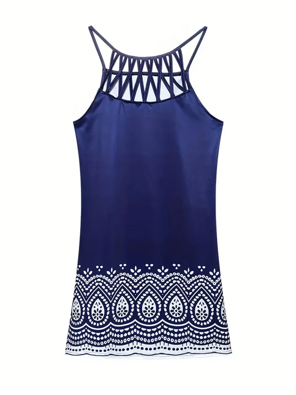 2026 New Spring and Summer National Wind Positioning Printing Mesh Belt Sleeveless Casual Dress