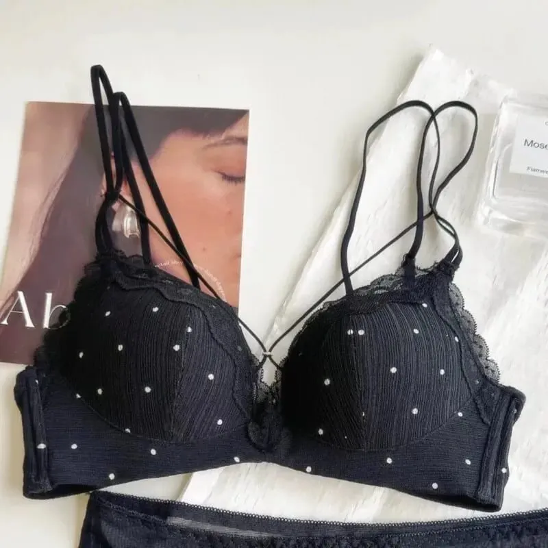 Japanese Polka Dot Underwear Set For Women Cross Back Push Up Bra Lift Support Anti Sagging Cute Fashion Petite Bust Elegance
