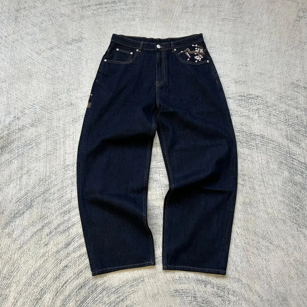 Y2K Vintage Low Waist Hip Hop Cherry Blossom Embroidered Jeans Wide Leg Trousers Clothes Mens Embroidered Baggy Jeans Womes