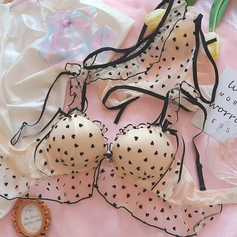 Cute Heart Lingerie Set for Girls Bralette & Panty Set Wire-Free Soft Bra Small Breasts Comfort