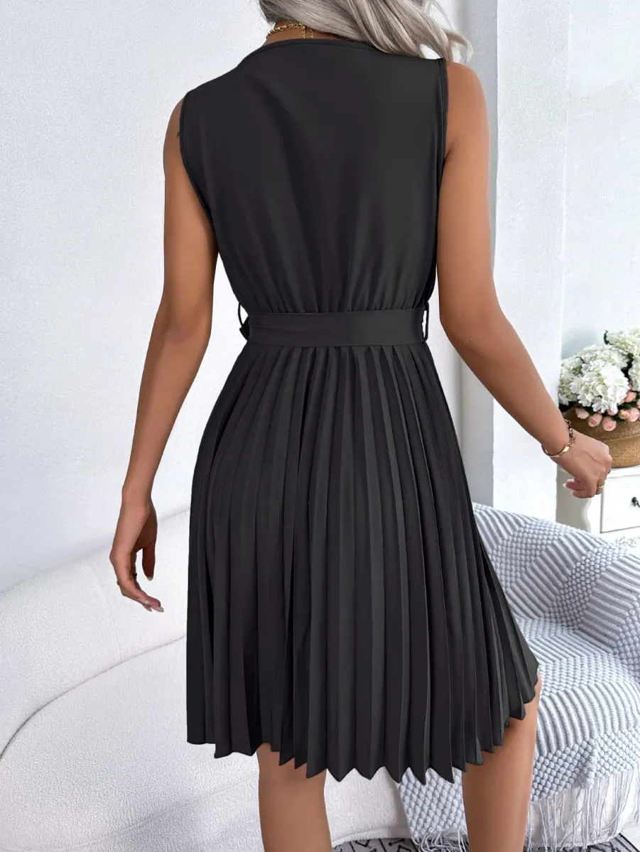 Women's Summer Casual Elegant Sleeveless Dress with Cross V-Neck Tie-Waist & Pleated Detail in Solid Color — image 4