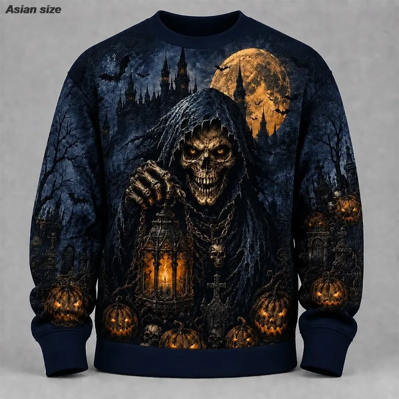 Fleece Sweatshirts Halloween Men's Skulls Sweatshirt Punk Party Gothic Crew Neck Vacation Blue Dark orange Brown Green
