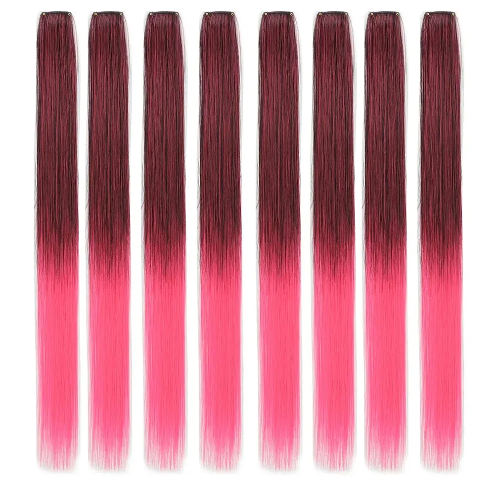 8pcs/pack Colored Party Highlights Clip in Hair Extensions for Girls 22 inches Multi-colors Straight Hair Synthetic Hairpieces